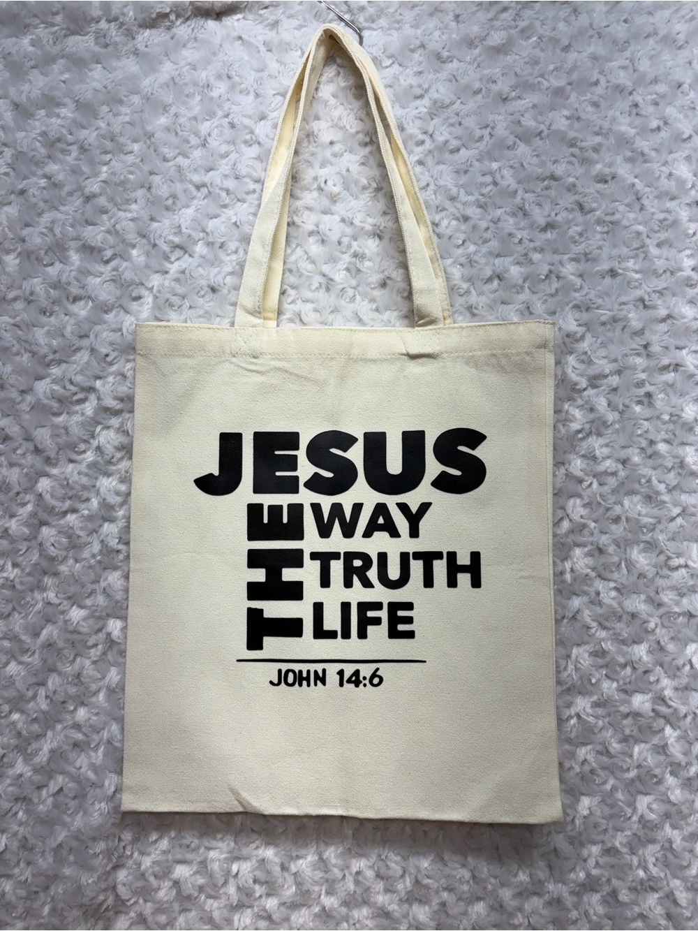 Christian Cream Canvas Tote with Black 'JESUS The Way Truth Life' Print